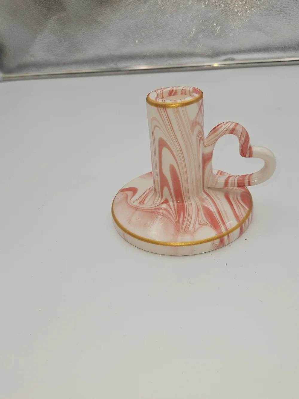 Pink Swirl Ceramic Candle Holder with Heart Handle